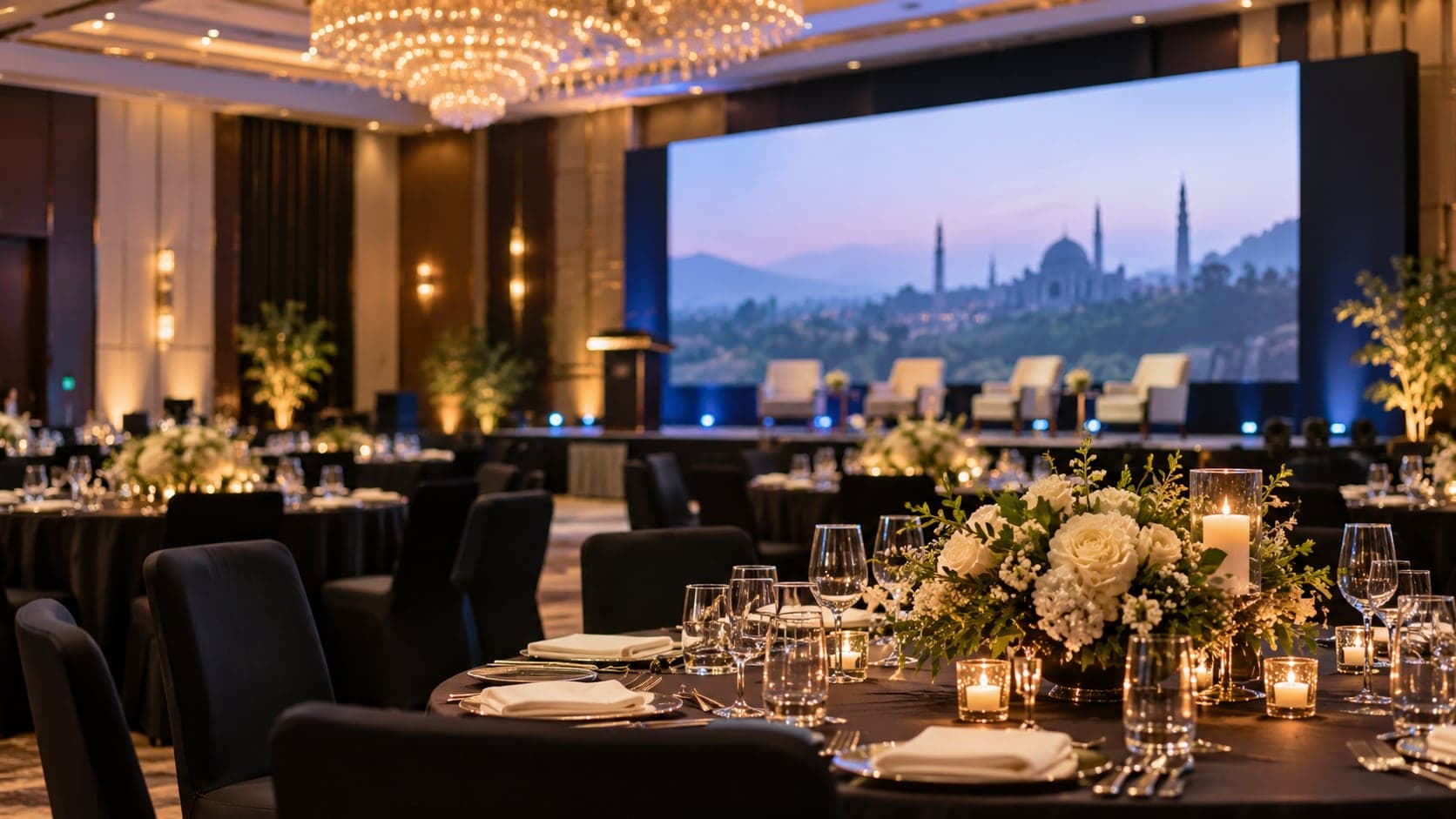 Hotel ballroom set for a corporate gala with LED stage and round tables