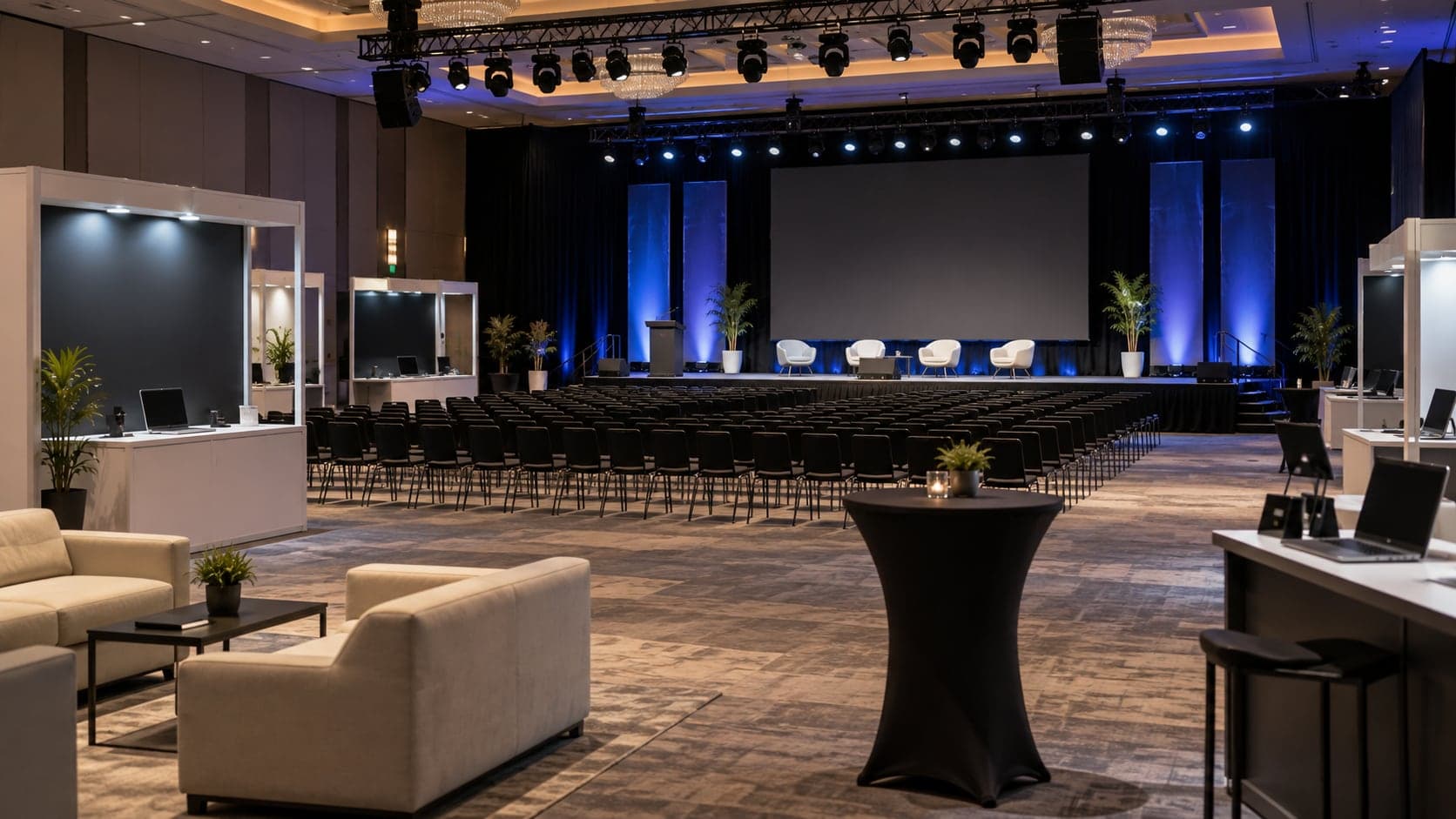Tech event hall with demo booths, lounge seating and a lit keynote stage