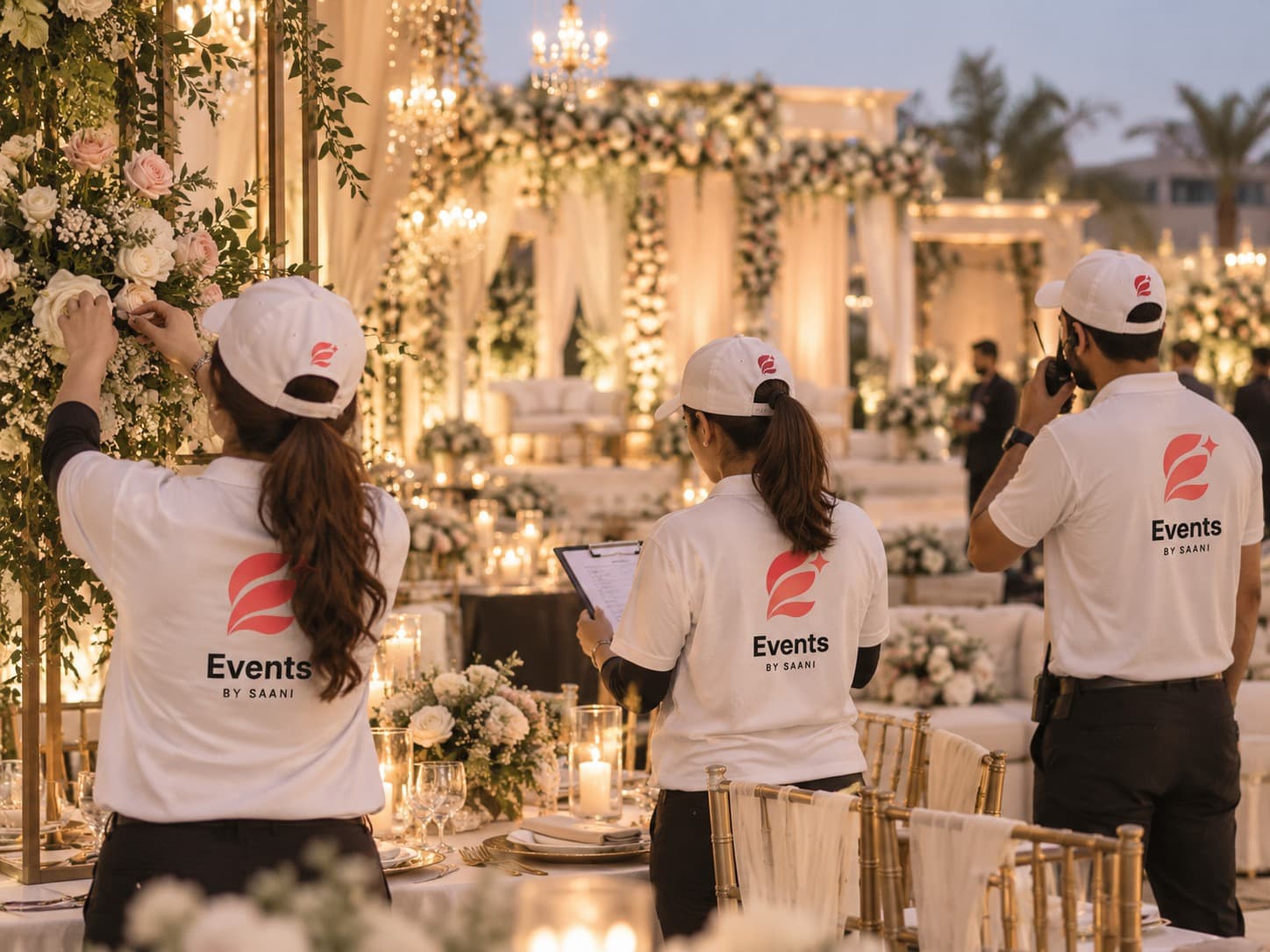 Events by Saani team styling a floral wedding setup